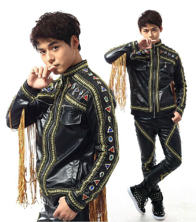 S-XXXL 남성 의상 궁전 나이트 클럽 DJ 바 남자의 새로운 무대 가수 가죽 오토바이 정장 의상 자켓을 사용자 정의 할 수 있습니다